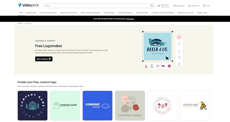 VistaPrint logo maker tool showing a hero image with a logo for a company called Bella and Company with six sample logo images in tiles below it.