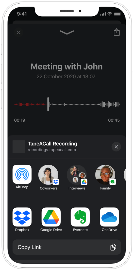 TapeACall Pro mobile app highlighting the call recording and file-sharing features.