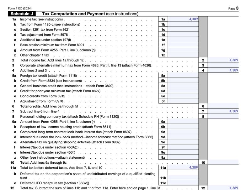 IRS Form 1120 Schedule J Part I & Part II—Tax Computation