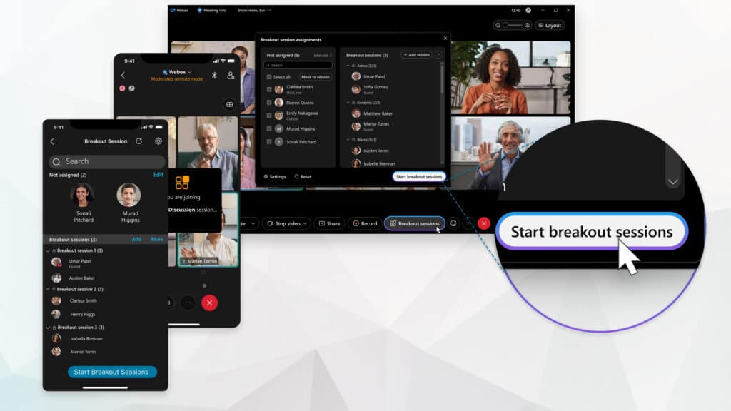 Webex mobile and desktop application highlighting the breakout session feature.