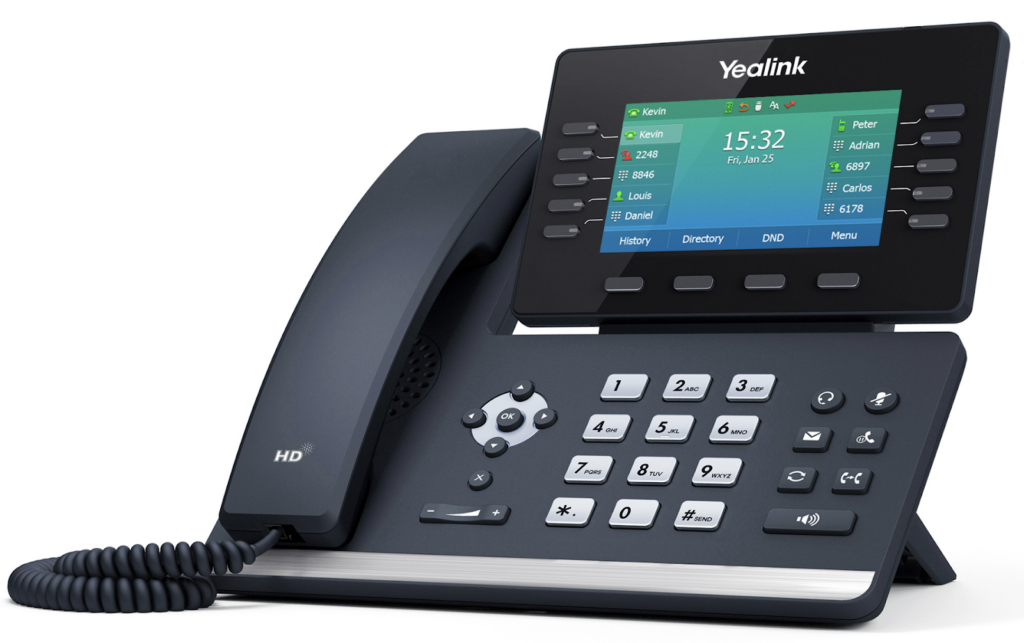 The Yealink T54W desk phone with its colored screen display and traditional key pad.