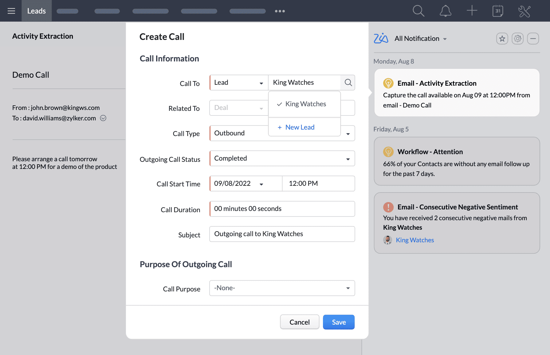 Zoho CRM showing email activity extraction by Zia.