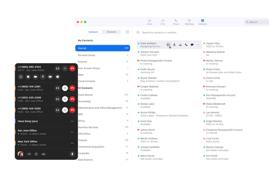 Zoom call handling panel highlighting contacts and incoming and outgoing calls.