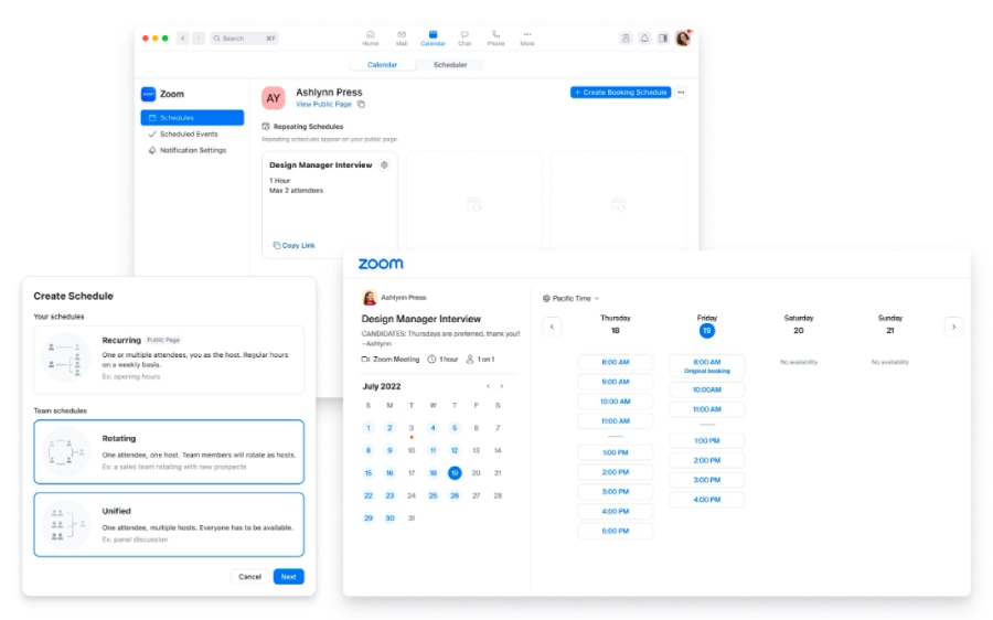 Zoom scheduler feature with a calendar view of appointments.