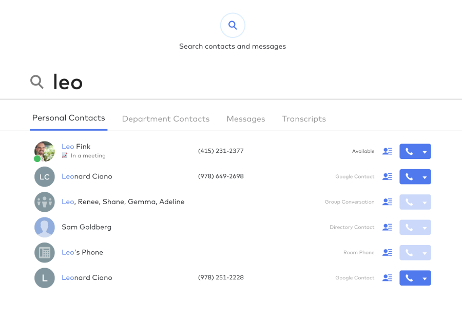 Search for the name Leo in Dialpad contacts.