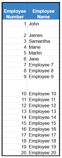 Spreadsheet list of employee number and names.