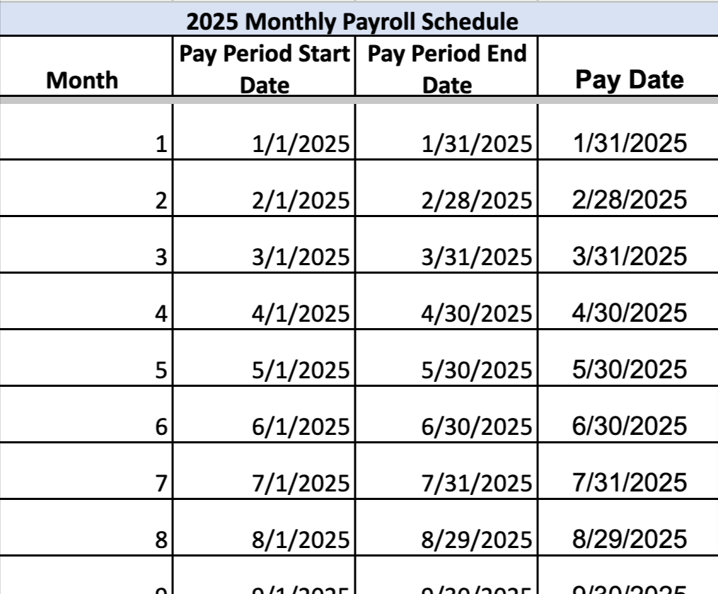 2025 Monthly Pay Period Chart