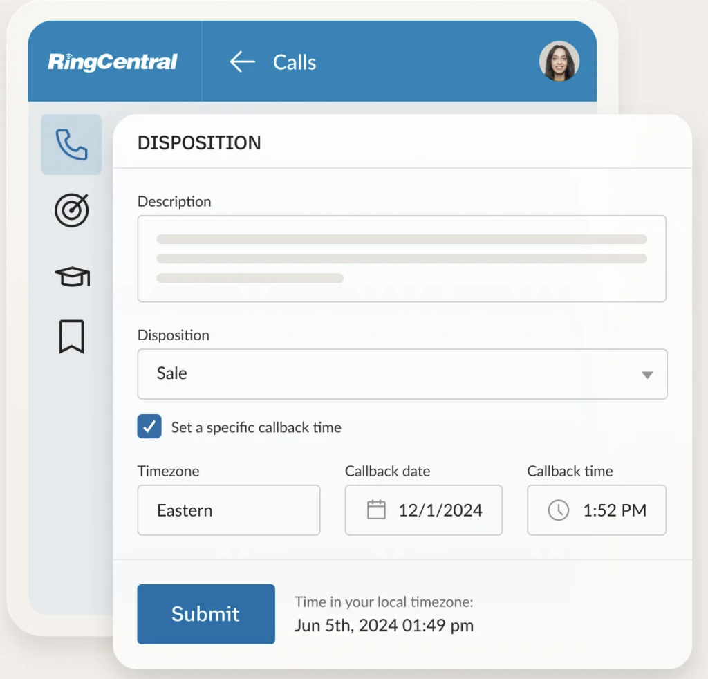 The RingCentral call disposition screen with a description field, disposition options, timezone, callback date, and time.