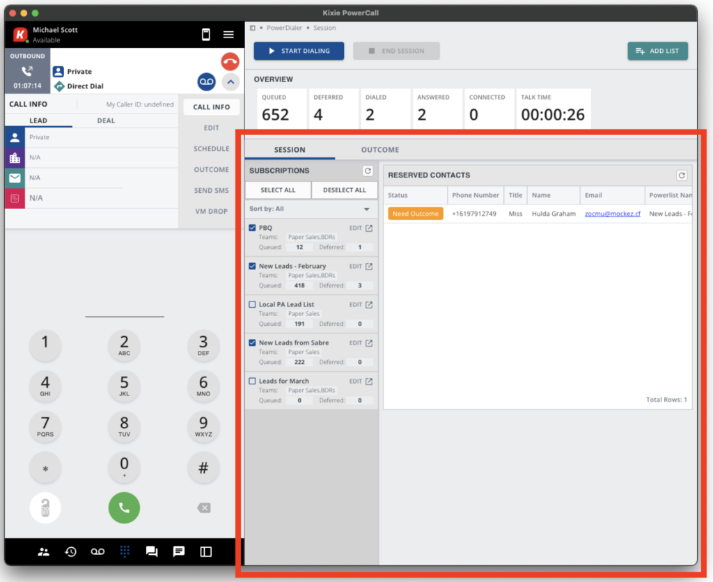 The Kixie Power Dialer screen with a dial pad panel and session management window.