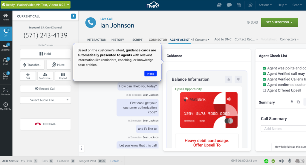 The Five9 agent assist interface with an interaction panel, guidance cards, and call controls.