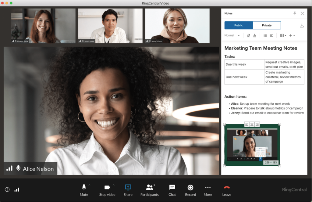 RingCentral meeting interface showing a presenter on video with shared notes and task items on the right panel.