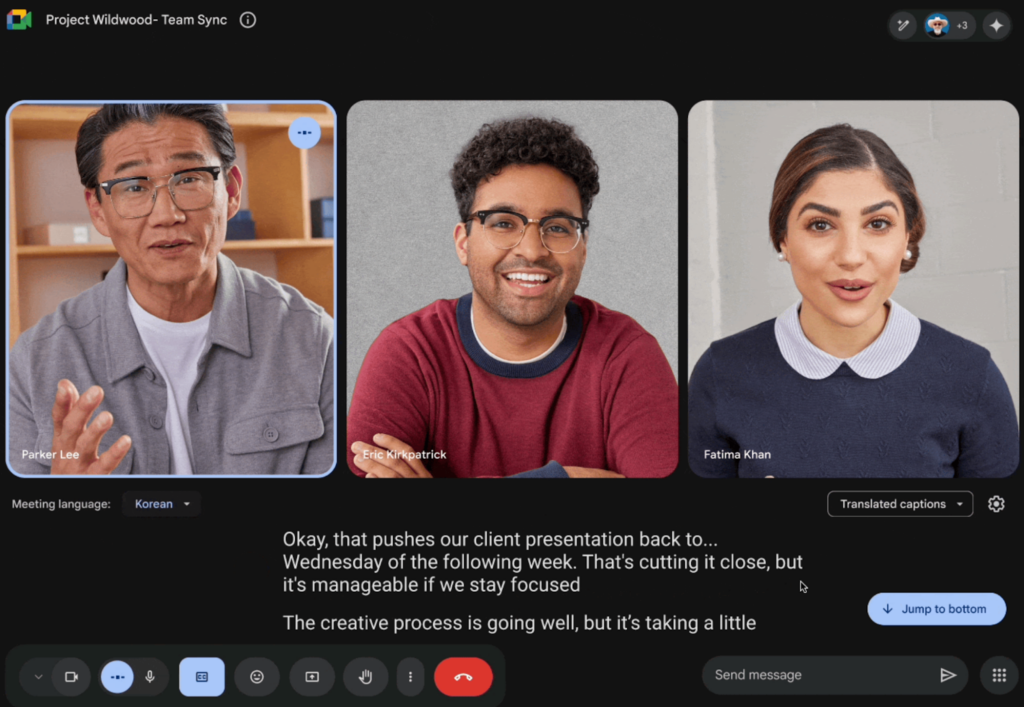 Screenshot of a Google Meet video call with three participants and translated captions displayed at the bottom of the screen.