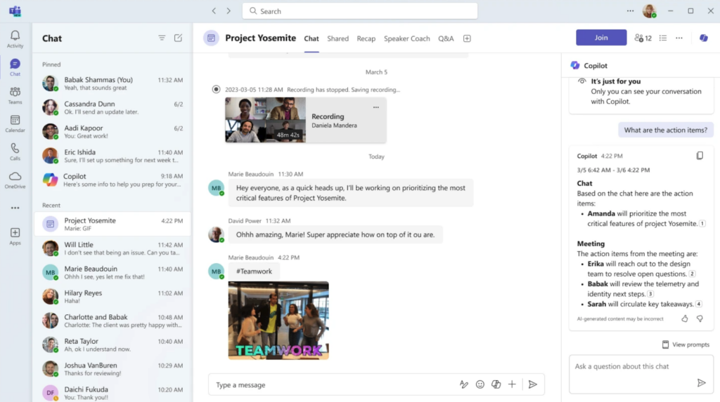 Microsoft Teams interface displaying a chat thread with Copilot-generated action items and meeting notes