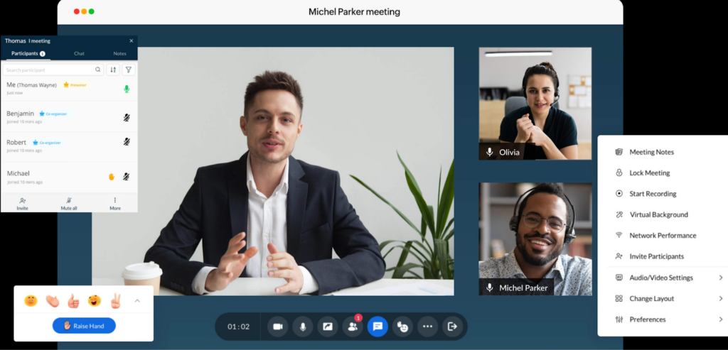 Zoho Meeting interface featuring a presenter with participants listed on the sidebar and meeting control options displayed.