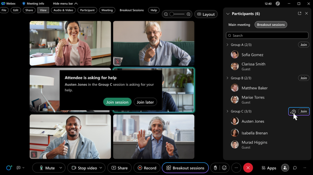 Webex meeting showing breakout session groups with an attendee requesting help and the host viewing group options.