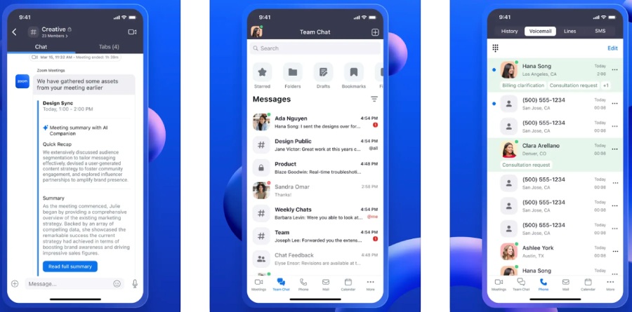 Three smartphones displaying the Zoom Phone app interface for team chat and voicemail.
