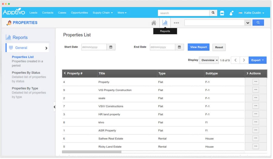 Apptivo's Properties app showing a list of the user's properties classified by type and status.