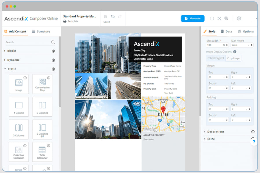 Sample photos of commercial buildings in a layout in AscendixRE's Composer tool for generating branded reports and real estate flyers.