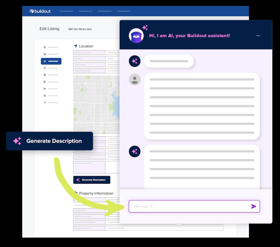 A chat window showing a sample conversation with Buildout CRM's AI-powered virtual assistant AL with a prompt for generating content.