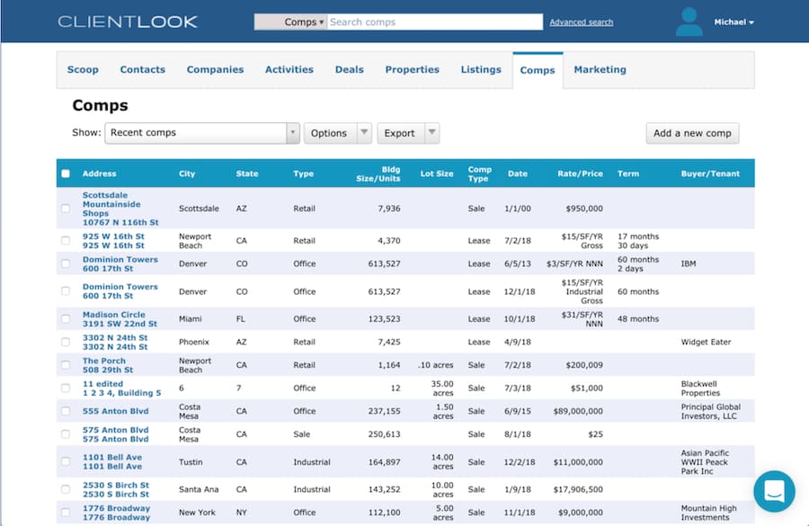 ClientLook's Comps tab for searching and tracking lease comps.