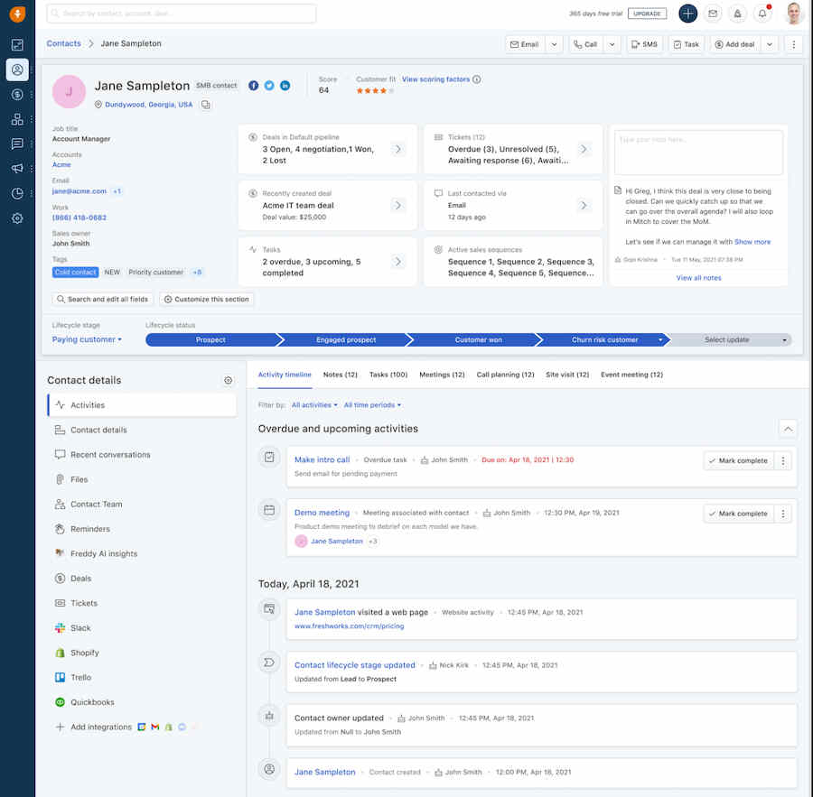 Freshsales' account management module with a single view of account hierarchy and related contacts, conversations, tickets, and deals.