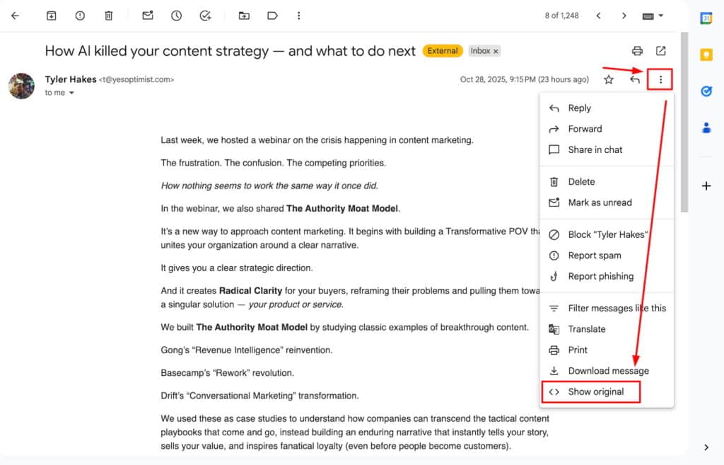 A message in a Gmail inbox with options to show the original message from the email header.