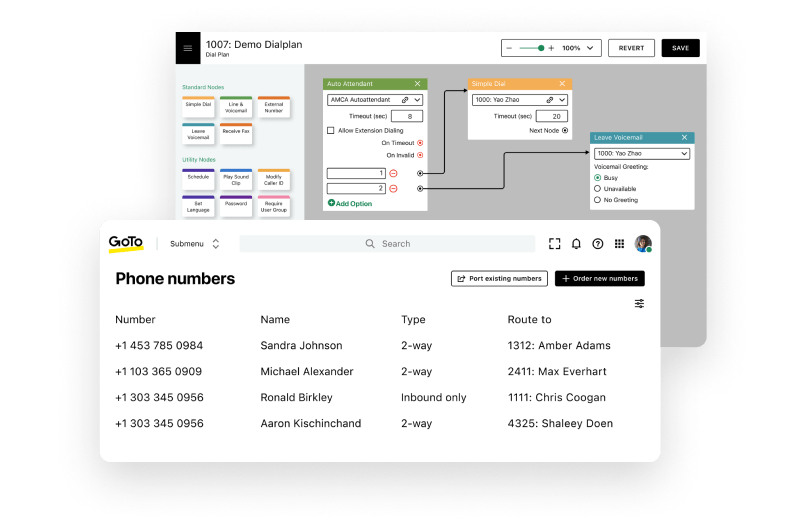 Two GoTo Connect screens featuring call logs and the visual dial plan editor.