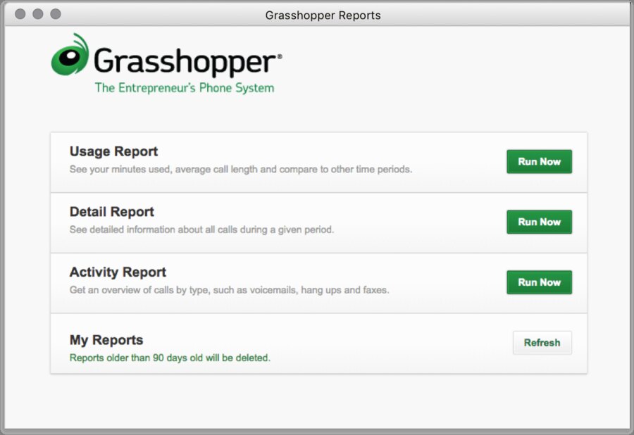 Grasshopper reports dashboard featuring the Usage, Detail, and Activity reports.