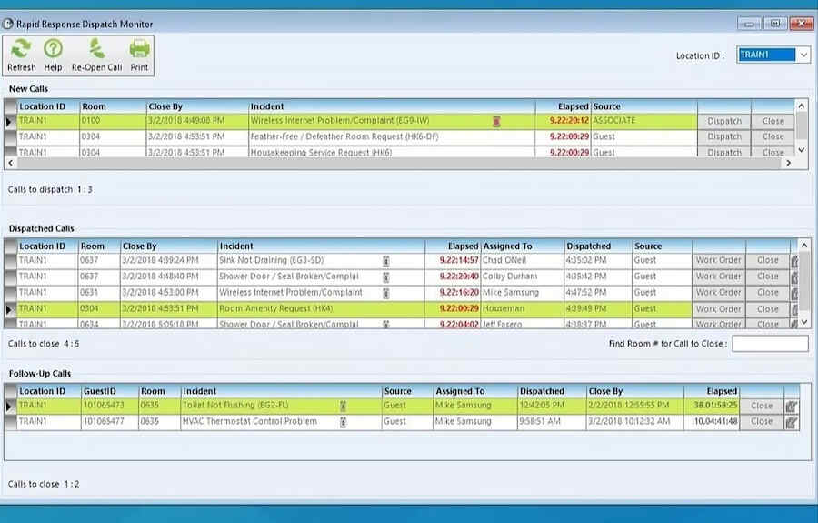 GuestWare's rapid response dispatch monitor for guest requests, including new, dispatched, and follow-up calls.