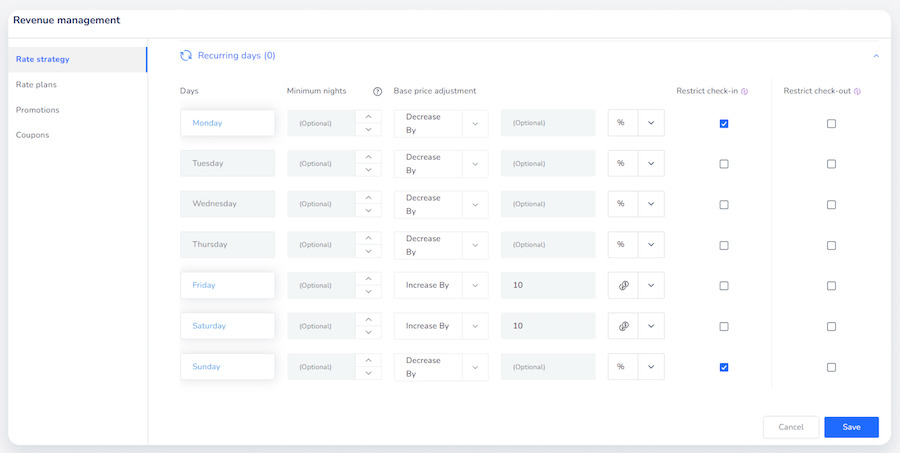 Guesty's revenue management feature showing sample pricing rules for recurring days.