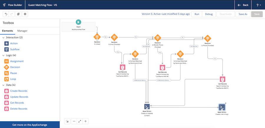 Hapi Guest's Flow Builder module showing a flowchart representing a sample workflow for matching guests.