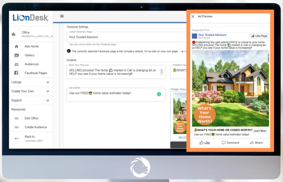 LionDesk's sample Facebook home sale ad for commercial real estate lead generation.