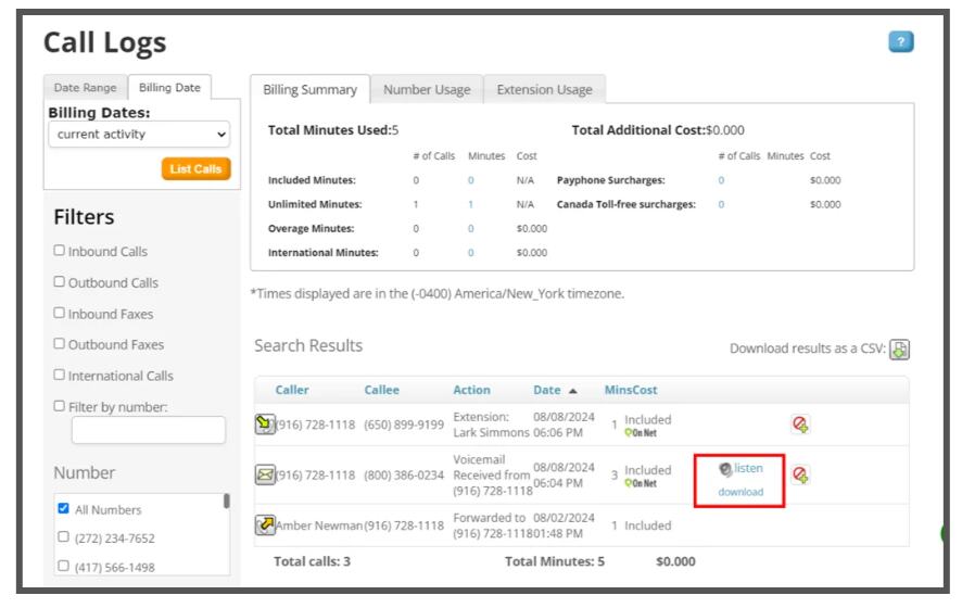 Downloadable Phone.com call log on the account dashboard.