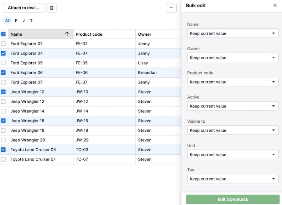 Pipedrive's sample product list with an option for bulk editing items.