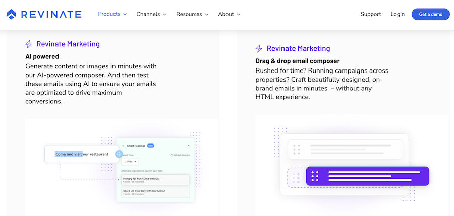 Revinate's feature page showing an overview of its AI content generation and email capabilities.