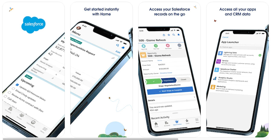 Several iPhone devices showing the Salesforce mobile app's key features, including opportunity reports, task lists, deal pipeline, and app launcher.