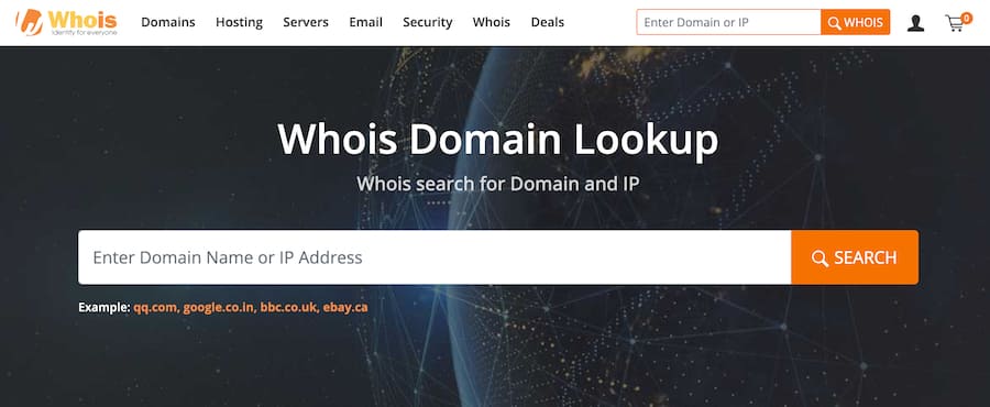 Whois.com's domain lookup homepage with a search bar for domain and IP lookup.