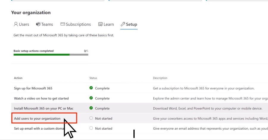 The Setup tab of Microsoft's admin dashboard with the prompt to set up a custom domain.