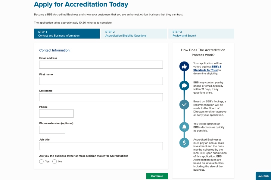 The application form for a BBB accreditation with forms to fill in your contact information.