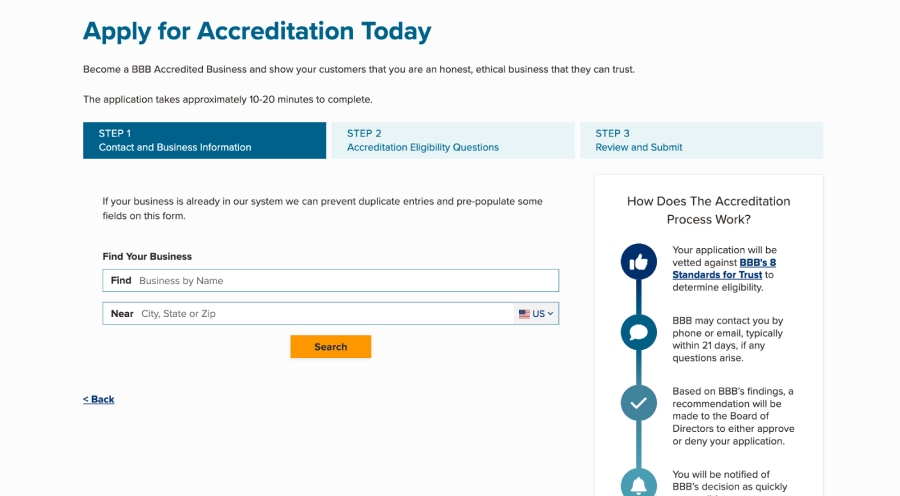 The BBB accreditation application form with a prompt to find your business from the database.