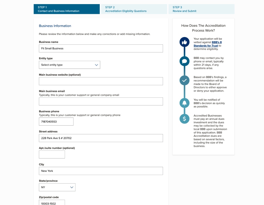 The BBB's application form with fields for your business information.