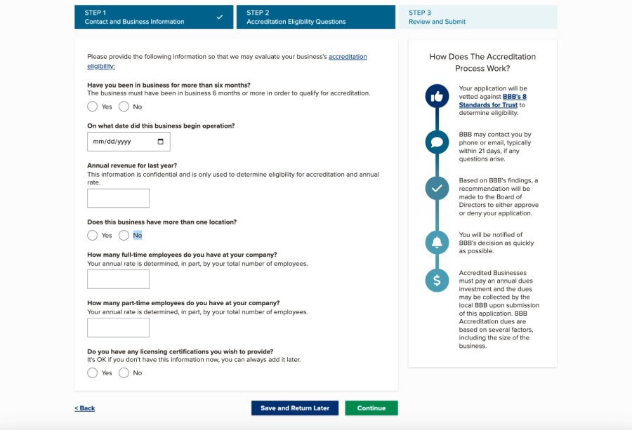 The BBB application form with questions about your business based on its eligibility standards.