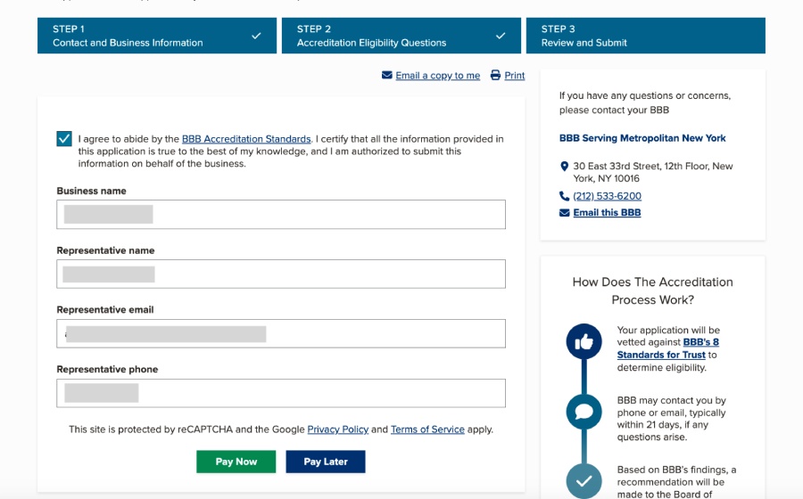 The BBB application form with the prompt to review your business information.