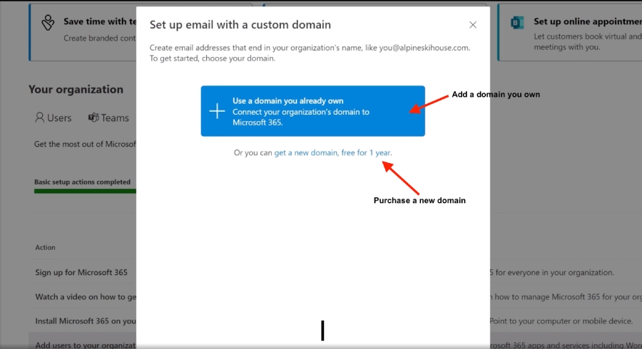 Mircosoft 365's prompt to connect your domain or purchase a new one from Microsoft.