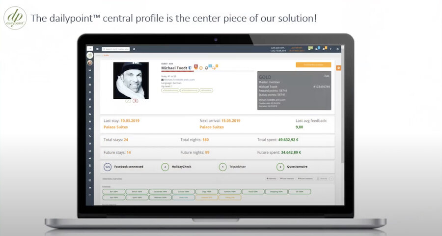 dailypoint's sample customer central profile showing details on previous bookings, forecasted future spend, and interests.