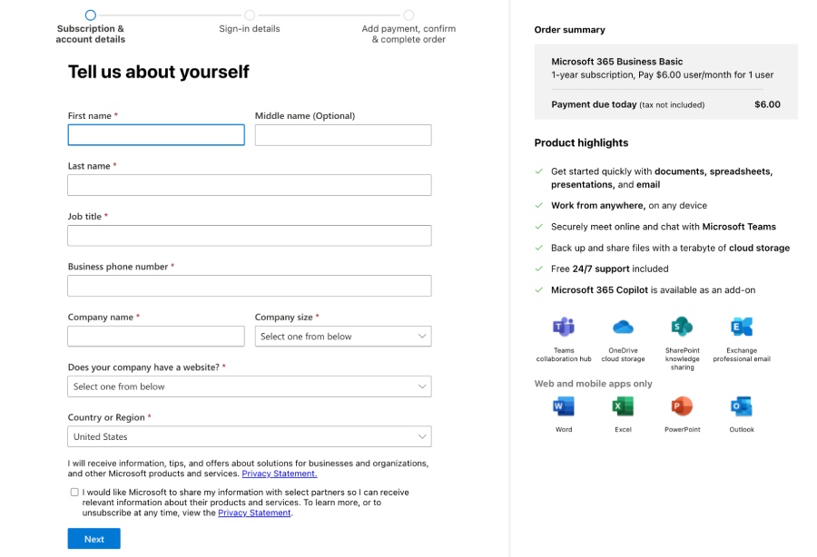 Microsoft 365's setup screen with the prompt to enter information about your business.