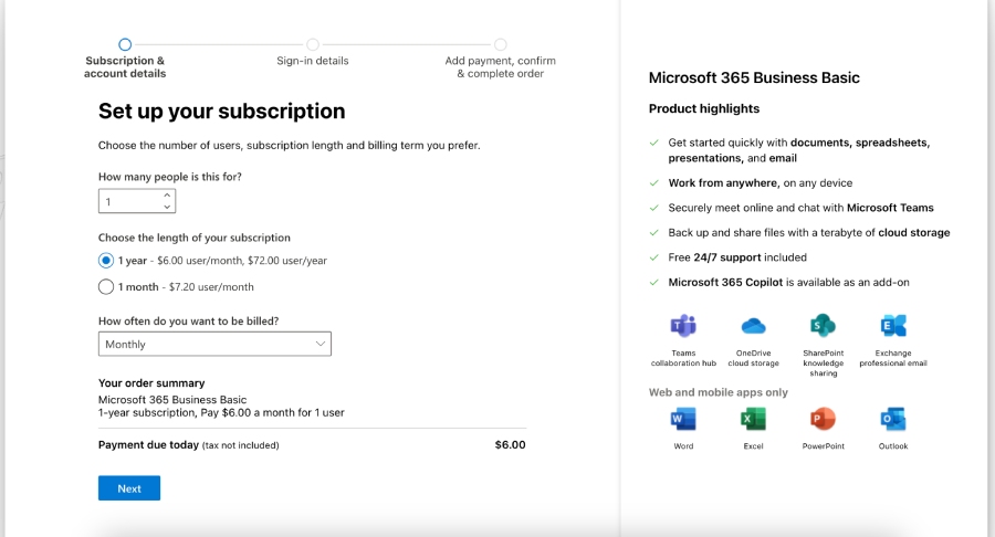 Microsoft 365's setup screen to finalize your Microsoft 365 subscription.