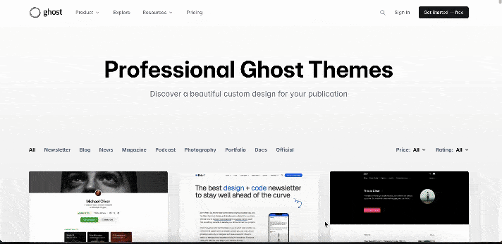 Various content website templates in Ghost.