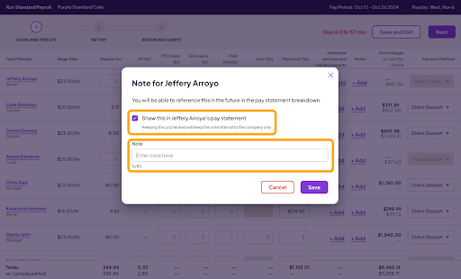 Homebase's payroll notes window where you can add a short message that will appear on an employee's payslip.