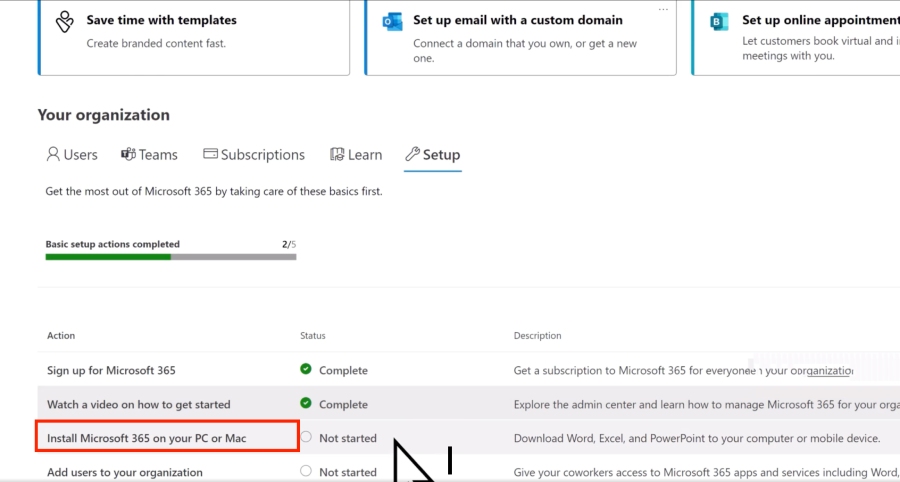 Microsoft 365's setup screen with the prompt to install the Microsoft desktop app.